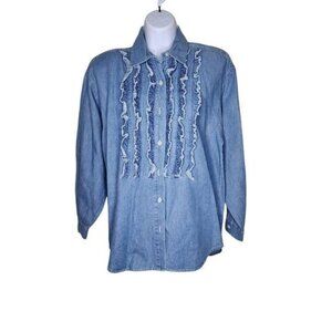 Vintage 90s Denim Tuxedo Ruffle Button Up Western Shirt Womens M Blue